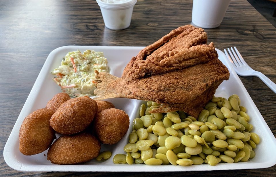 Simple plated food from a seafood restaurant.